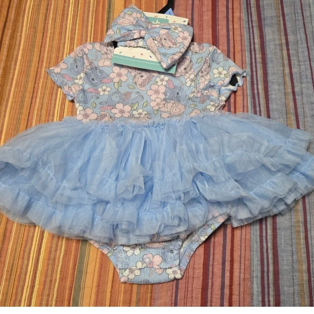 Disney Baby Stitch Angel Blue Tutu Bodysuit Headband Set 3-6M Floral NWT